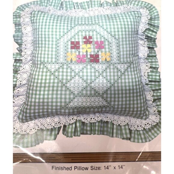 Vintage Chicken Scratch Embroidery Pillow Kit Green Gingham 14x14 - Picture 2 of 3